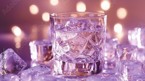 Wallpaper Mural Crystal glass of vodka with ice cubes on purple bokeh background. Torontodigital.ca