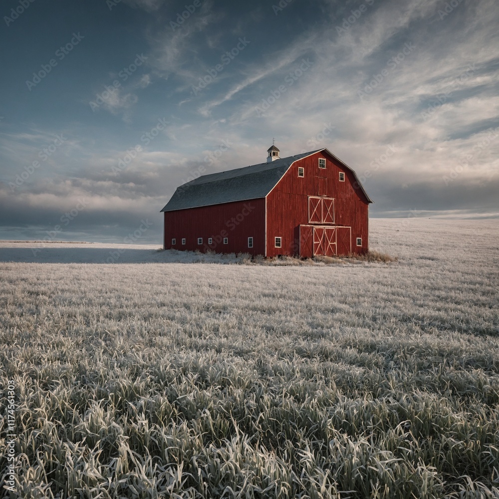 Obraz premium A red barn standing alone in a vast white field.