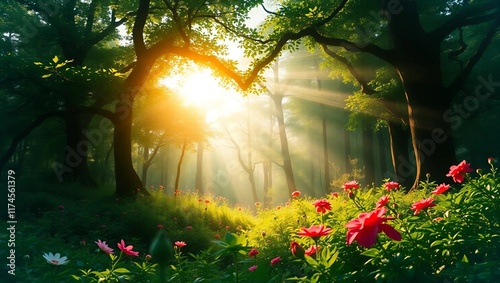 Valentine's Day Banner  with copy space, a dreamy forest scene with a heart-shaped clearing in the trees, sunlight streaming 