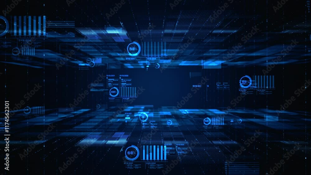 Futuristic digital data flow with analytics interface. Abstract technology scene showing a futuristic digital environment with floating data and analytical elements in blue tones. Seamless loop 4k