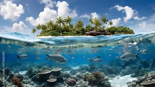 Island seas teem with thriving marine life, supporting flourishing ecosystems beneath azure waters.
 photo