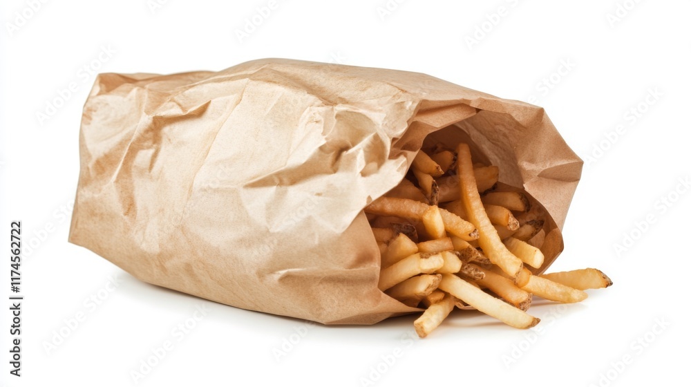 Crispy golden fries spilling out of a crumpled brown paper bag. A delicious snack that tempts the taste buds. Perfect for fast food lovers. Generative AI Crispy golden fries spilling out of a crumpled brown paper bag. A delicious snack that tempts the taste buds. Perfect for fast food lovers. Generative AI