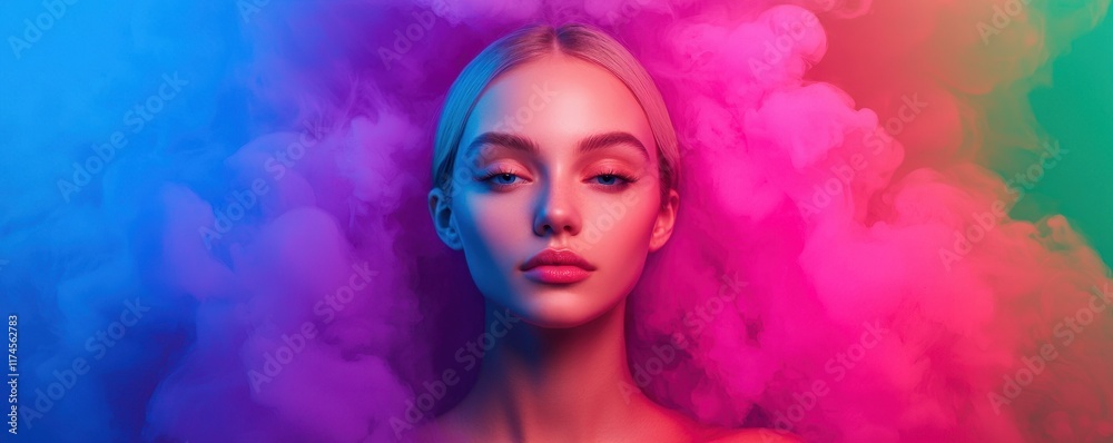 Fototapeta premium A serene portrait of a woman surrounded by vibrant, colorful smoke, creating an ethereal and artistic atmosphere.