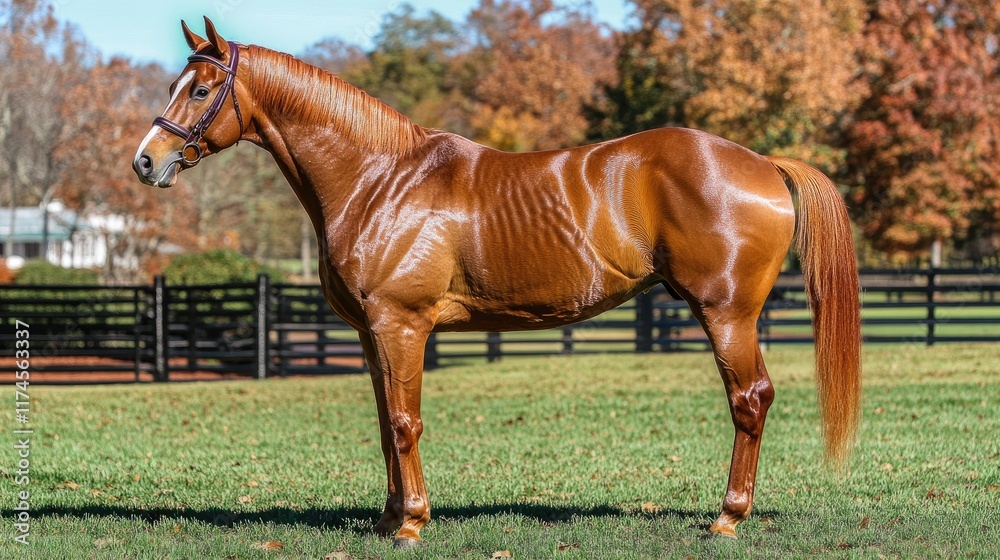 Obraz premium A chestnut horse stands proudly in a grassy field with autumn foliage in the background.