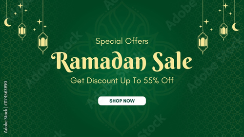 Ramadan Kareem Sale Banner, Islamic Ornament Lantern, moon, star and mosque Green Background