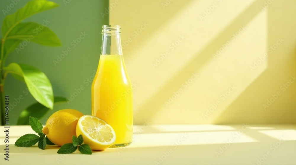 Refreshing citrus beverage in glass bottle with lemons and mint leaves on a sunny backdrop Refreshing citrus beverage in glass bottle with lemons and mint leaves on a sunny backdrop