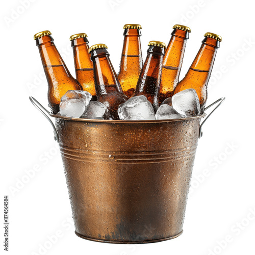 A metal bucket filled with ice and several brown beer bottles, showcasing a refreshing beverage arrangement.