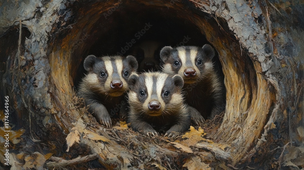 Fototapeta premium Three badgers peeking out from a tree hollow, showcasing wildlife in a natural setting.