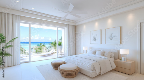 Wallpaper Mural Modern bedroom with ocean view, featuring large bed, light decor, and natural light. serene atmosphere invites relaxation and comfort Torontodigital.ca