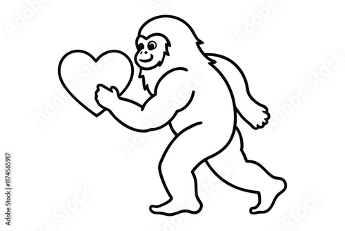 Line art of a bigfoot holding a heart and walking motion.eps