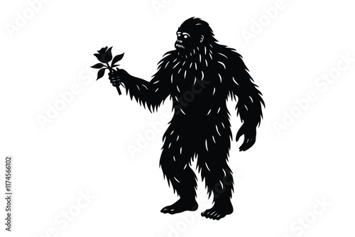 A bigfoot holding a rose in his right hand vector style silhouette illustration.eps