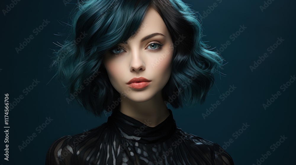 Naklejka premium Mysterious Teal Bob Haircut: A Stunning Portrait of a Woman with Striking Blue Eyes and Short, Wavy Hair