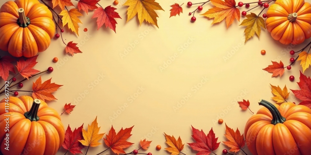 Autumnal Frame Featuring Vibrant Pumpkins and Colorful Fall Foliage Arranged on a Pale Yellow Background Autumnal Frame Featuring Vibrant Pumpkins and Colorful Fall Foliage Arranged on a Pale Yellow Background