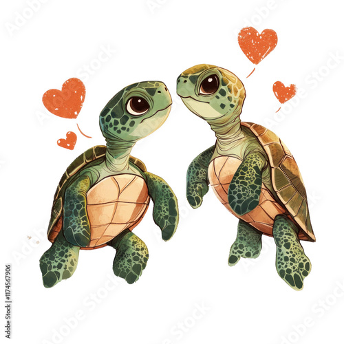 Cute Valentine's Day Illustration of Two Green Turtles in Love with Hearts Surrounding Them photo