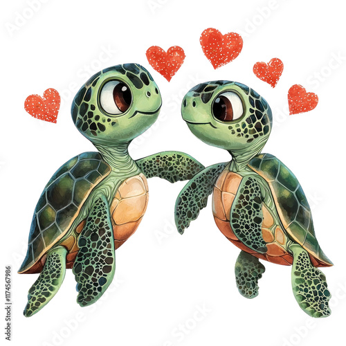 Cute Green Turtles in Love with Hearts for Valentine's Day Illustration photo