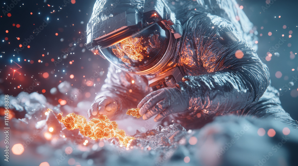 astronaut in shiny suit explores vibrant alien landscape, collecting glowing rocks amidst backdrop of stars and cosmic dust, evoking sense of wonder and discovery