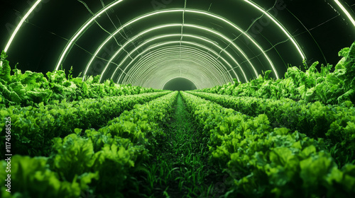 vibrant indoor farm with rows of fresh green lettuce illuminated by neon lights, showcasing modern agricultural techniques and sustainable practices photo