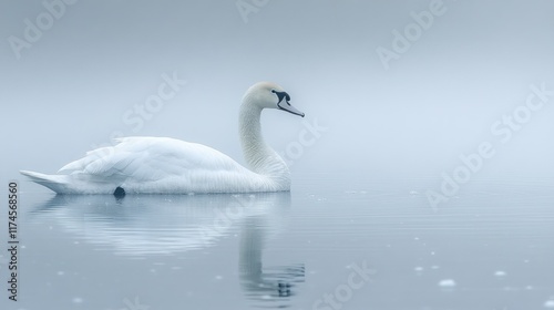 A serene swan glides through a misty lake, creating a tranquil atmosphere.