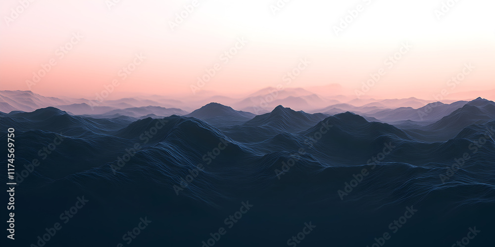 Fototapeta premium Mountain Range at Sunrise: Serene and majestic, a panoramic view of a mountain range bathed in the soft, ethereal glow of sunrise, evoking a sense of tranquility and awe. 