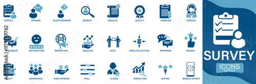 Survey icon set. feedback, opinion, questionnaire, poll, research, data collection, review and satisfaction You can easily change the color.