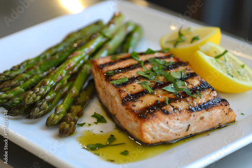 A perfectly grilled salmon fillet served with a side of roasted asparagus, drizzled with olive oil and lemon juice. The plate is garnished with fresh herbs, offering a simple, healthy meal. photo