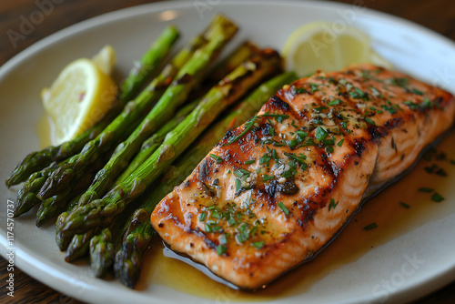 A perfectly grilled salmon fillet served with a side of roasted asparagus, drizzled with olive oil and lemon juice. The plate is garnished with fresh herbs, offering a simple, healthy meal. photo