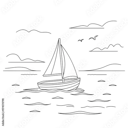 sailing boat on the sea colouring page