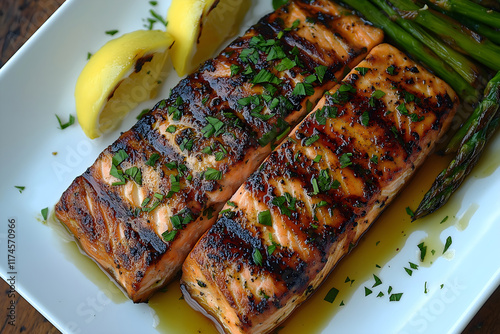 A perfectly grilled salmon fillet served with a side of roasted asparagus, drizzled with olive oil and lemon juice. The plate is garnished with fresh herbs, offering a simple, healthy meal. photo