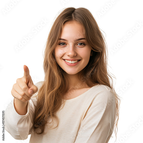 Woman pointing with finger isolated on transparent background photo