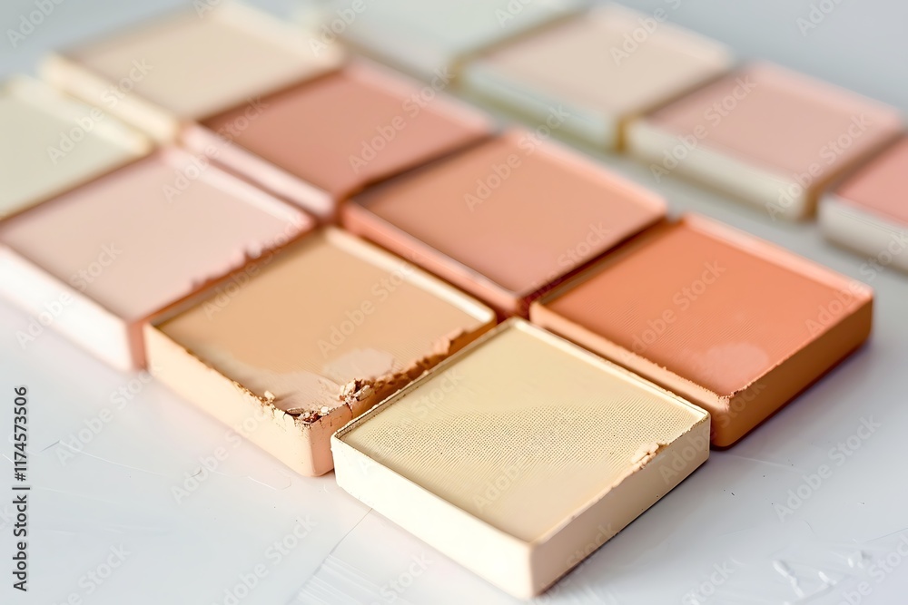 Closeup of various beige and peachtoned pressed powder foundation shades arranged in a makeup palette. Some show slight wear. Closeup of various beige and peachtoned pressed powder foundation shades arranged in a makeup palette. Some show slight wear.