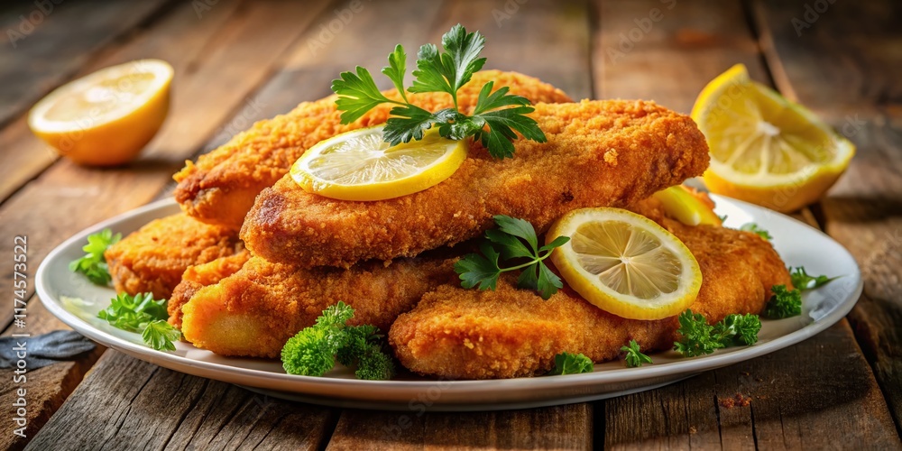 Delicious Fish Cutlets with Lemon Slices - 3D Rendered Food Photography Delicious Fish Cutlets with Lemon Slices - 3D Rendered Food Photography