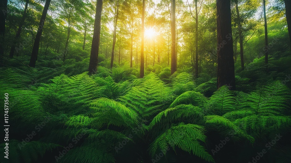 Obraz premium A serene forest scene with sunlight filtering through trees, illuminating lush green ferns.