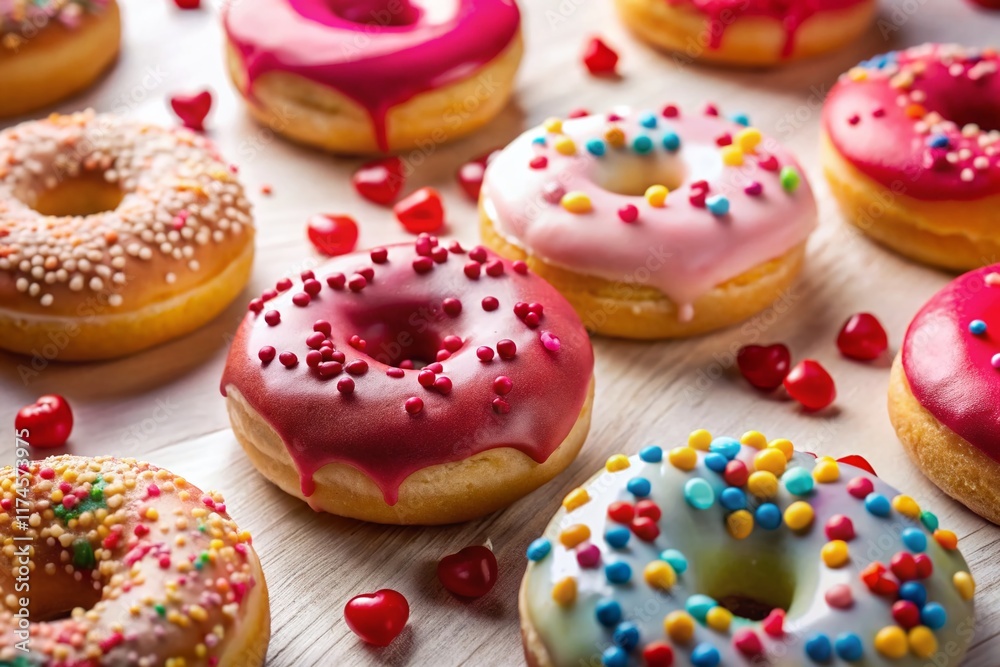 Delicious Glazed Donuts with Heart Sprinkles - Top View Stock Photo Delicious Glazed Donuts with Heart Sprinkles - Top View Stock Photo
