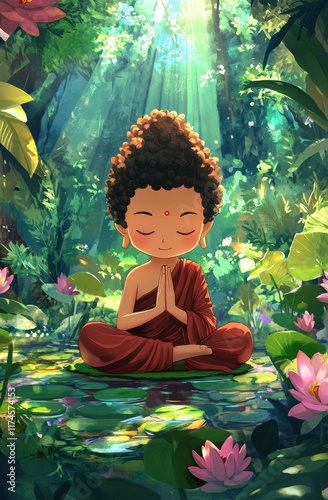 uddha cartoon wallpaper, a cute little Buddha sitting cross-legged with hands folded in prayer, wearing colorful monk photo