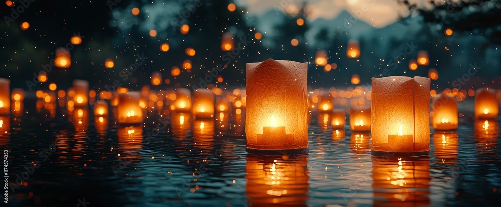 Obraz premium Enchanting Floating Lanterns on Calm Water at Dusk