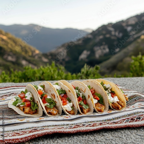 Five delicious tacos filled with fresh ingredients, displayed on a colorful blanket with a scenic mountainous background. photo