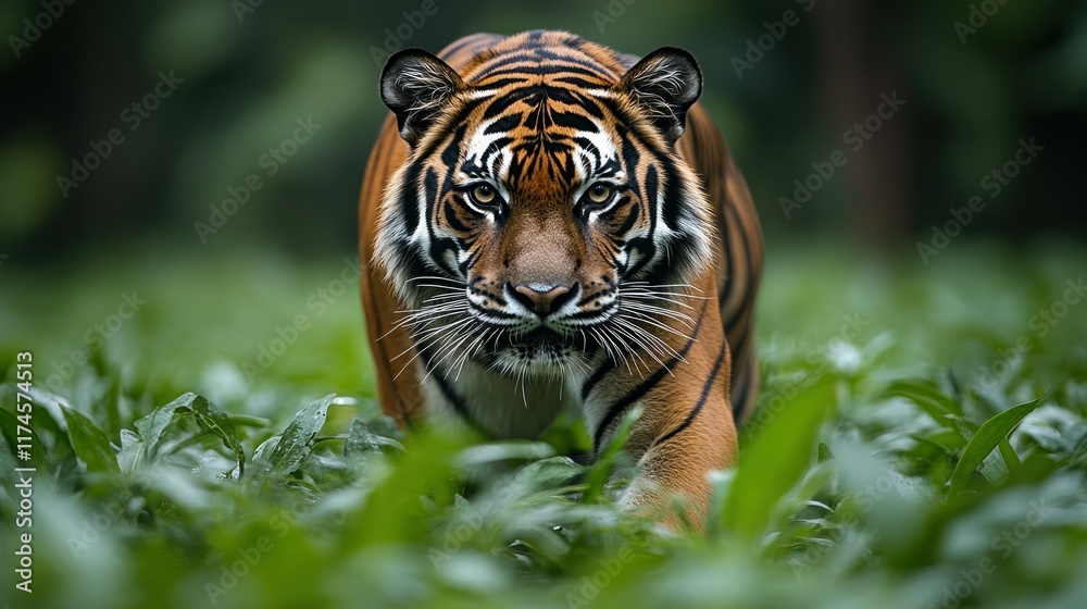Obraz premium A close-up of a tiger prowling through lush green foliage.