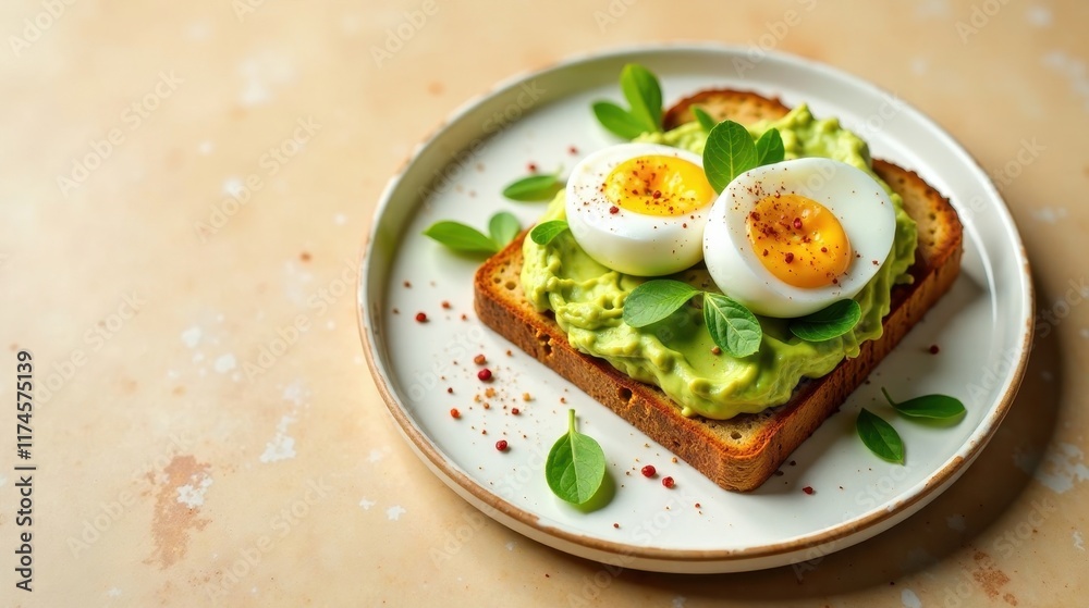 A delightful breakfast featuring a slice of whole-grain toast topped with creamy avocado spread and perfectly halved hard-boiled eggs, garnished with fresh herbs and a sprinkle of spices. A delightful breakfast featuring a slice of whole-grain toast topped with creamy avocado spread and perfectly halved hard-boiled eggs, garnished with fresh herbs and a sprinkle of spices.