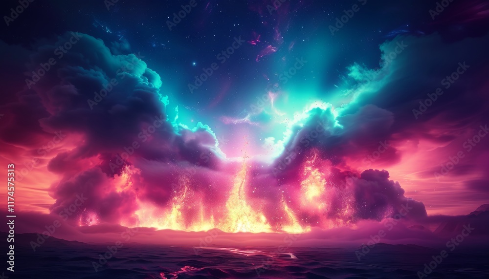 Obraz premium Vivid volcanic landscape featuring unnatural turquoise and violet lava flows in stunning display