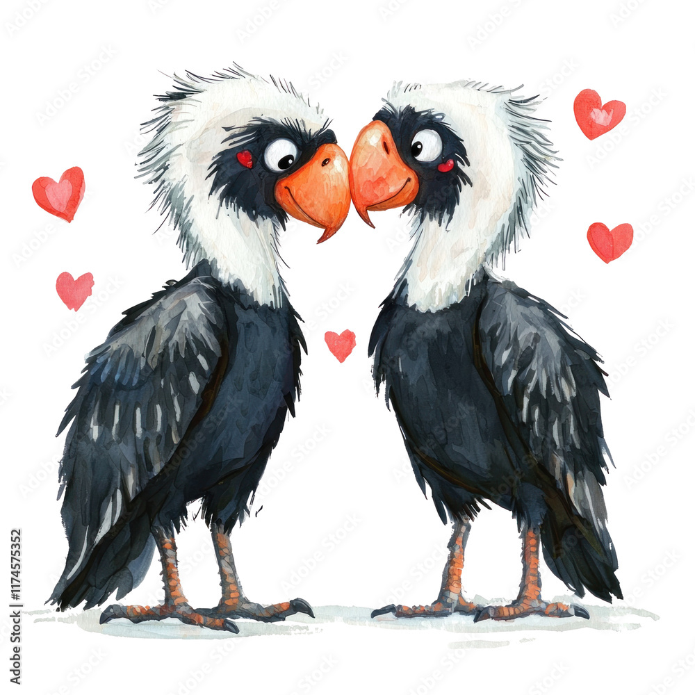 Obraz premium Cute Illustration of Two Lammergeiers in Love Surrounded with Hearts for Valentine's Day Celebration