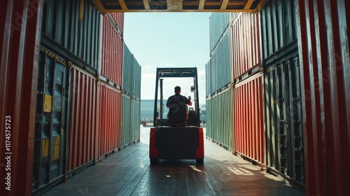 Back view of logistics coordinator driving a container forklift, container being lifted at shipping port, front view, cargo handling efficiency photo