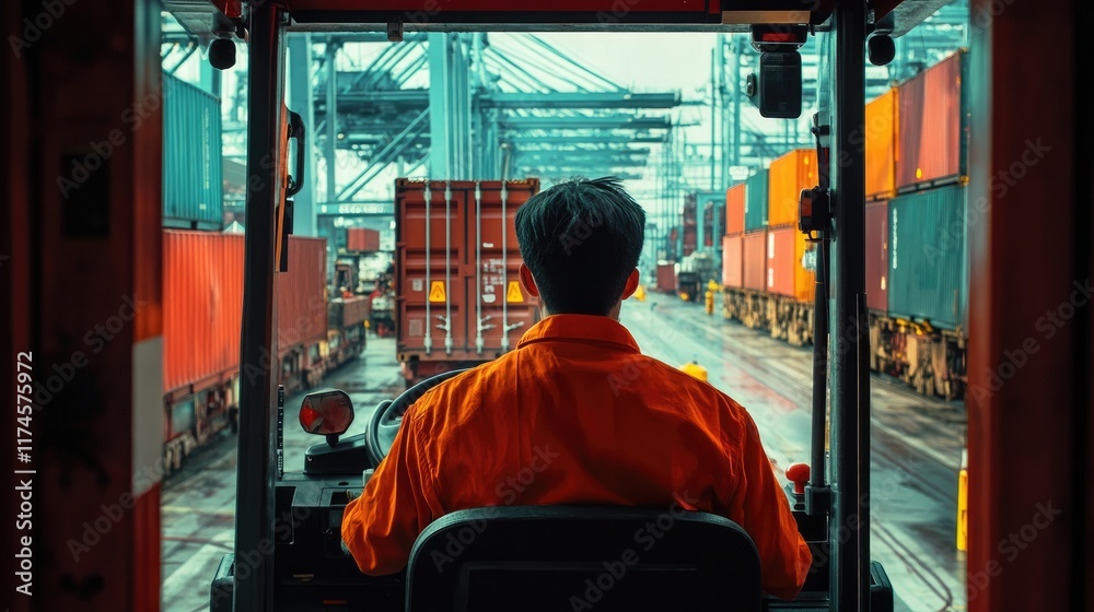 Back view of logistics coordinator driving a container forklift, container being lifted at shipping port, front view, cargo handling efficiency Back view of logistics coordinator driving a container forklift, container being lifted at shipping port, front view, cargo handling efficiency
