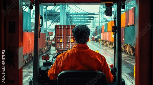 Back view of logistics coordinator driving a container forklift, container being lifted at shipping port, front view, cargo handling efficiency photo