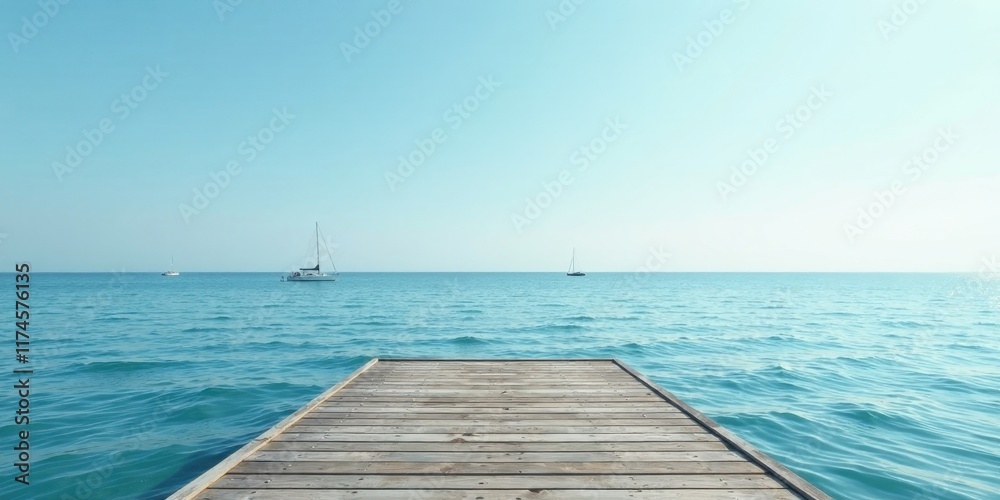 Serene Ocean View from Wooden Dock Tranquil Waters and Distant Sailboats on a Sunny Day Serene Ocean View from Wooden Dock Tranquil Waters and Distant Sailboats on a Sunny Day