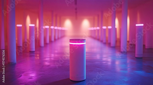Wallpaper Mural Illuminated cylindrical object in a pink and purple light-filled hallway with columns. Torontodigital.ca