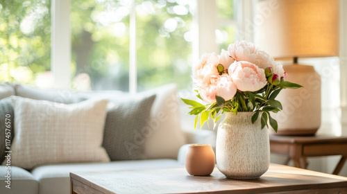 Wallpaper Mural cozy living room featuring vase of pink peonies on wooden table, with soft cushions and natural light streaming through large windows, creating warm atmosphere Torontodigital.ca