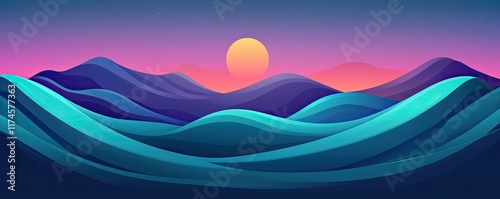 A vibrant digital landscape featuring rolling hills under a colorful sunset, with a gradient sky transitioning from purple to orange.