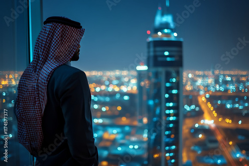 Young saudi business man standing in the office watching the Ùcity night view, view from the outside. Business ambition concept 