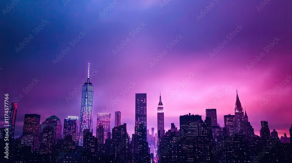 Fototapeta premium A vibrant city skyline at dusk, illuminated by colorful lights against a dramatic purple and blue sky.