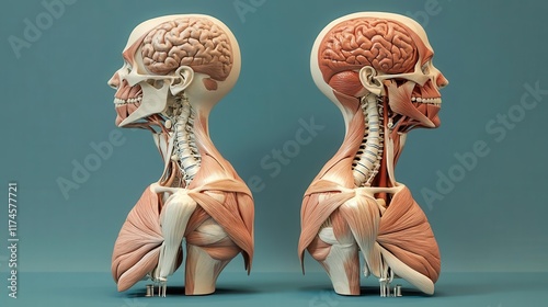 A detailed anatomical model showcasing the human head, highlighting the brain, muscular structure, and neck, viewed from both sides.